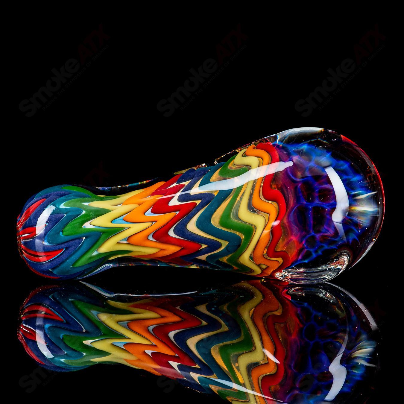 Rainbow dichro line work glass spoon pipe with honeycomb cap by Shane Smith, featuring vibrant colors and intricate design.
