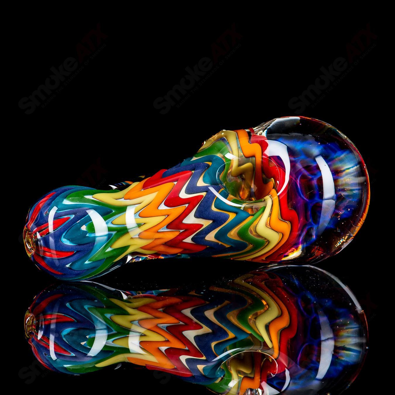 Rainbow Dichro Line Work glass spoon pipe with honeycomb cap by Shane Smith, featuring vibrant rainbow colors and intricate design.