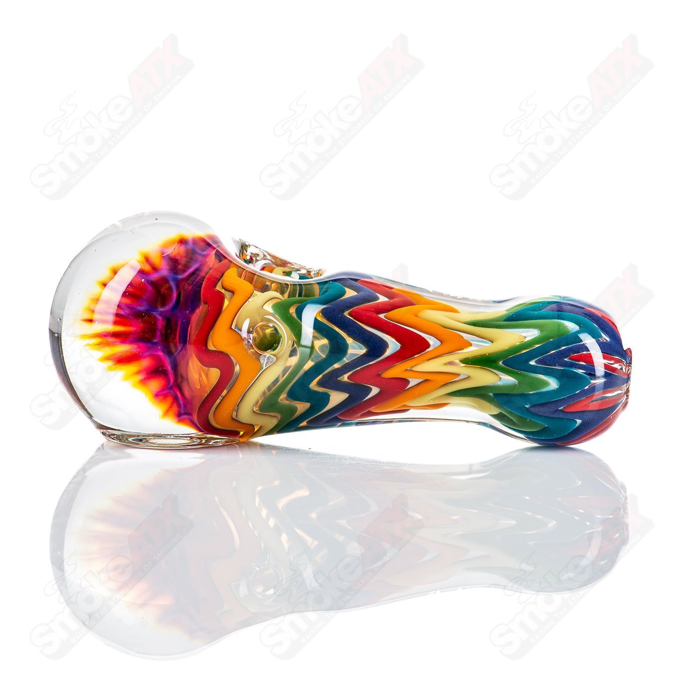 Rainbow Dichro Line Work Glass Spoon Pipe with Honeycomb Cap by Shane Smith, showcasing colorful glass art and intricate design.
