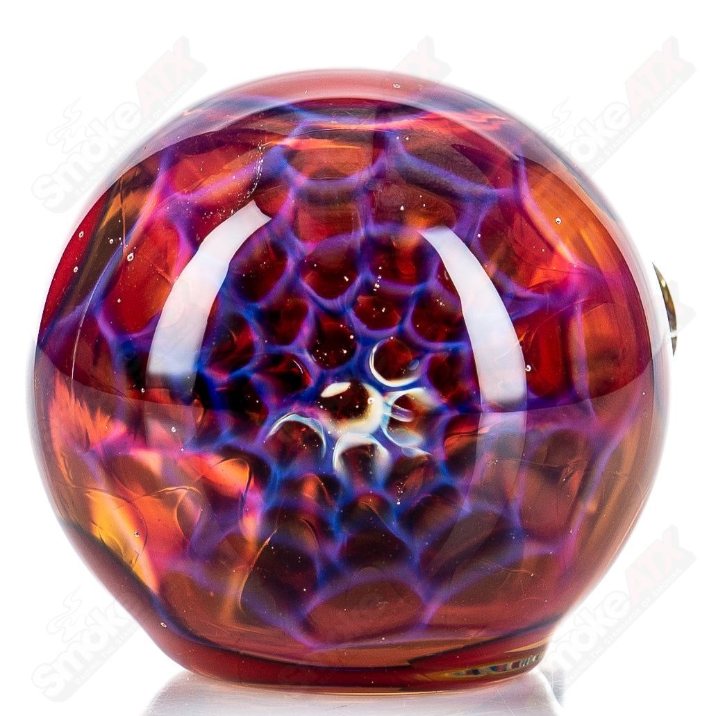 Colorful rainbow dichro line work glass spoon pipe with honeycomb cap by Shane Smith, showcasing intricate design and vibrant details.