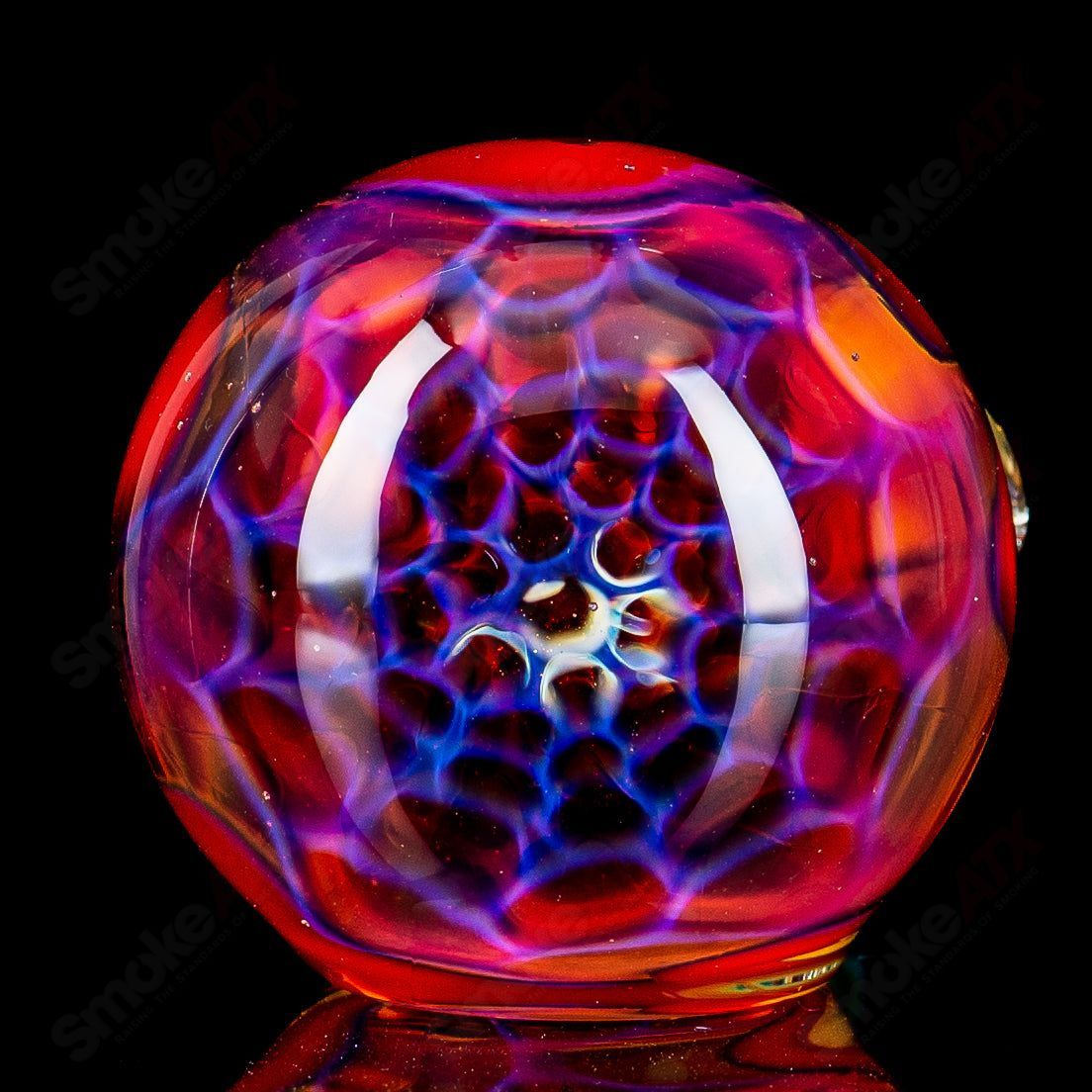 Rainbow dichro line work glass spoon pipe with honeycomb cap by Shane Smith, showcasing vibrant colors and intricate design.