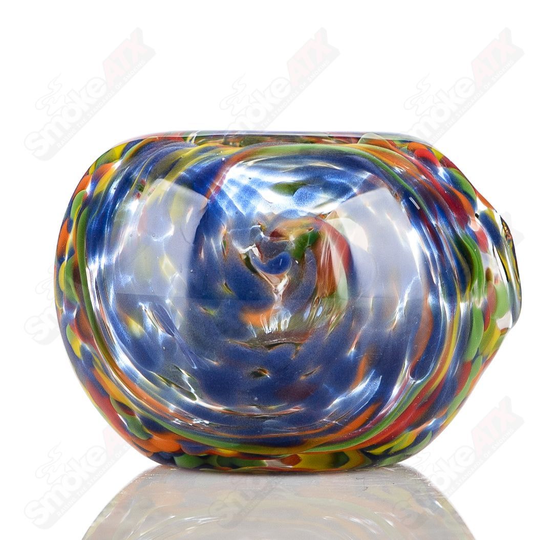 Rainbow Frit Spoon Pipe by JMK Glass, handcrafted glass pipe featuring vibrant rainbow frit design and signed craftsmanship.
