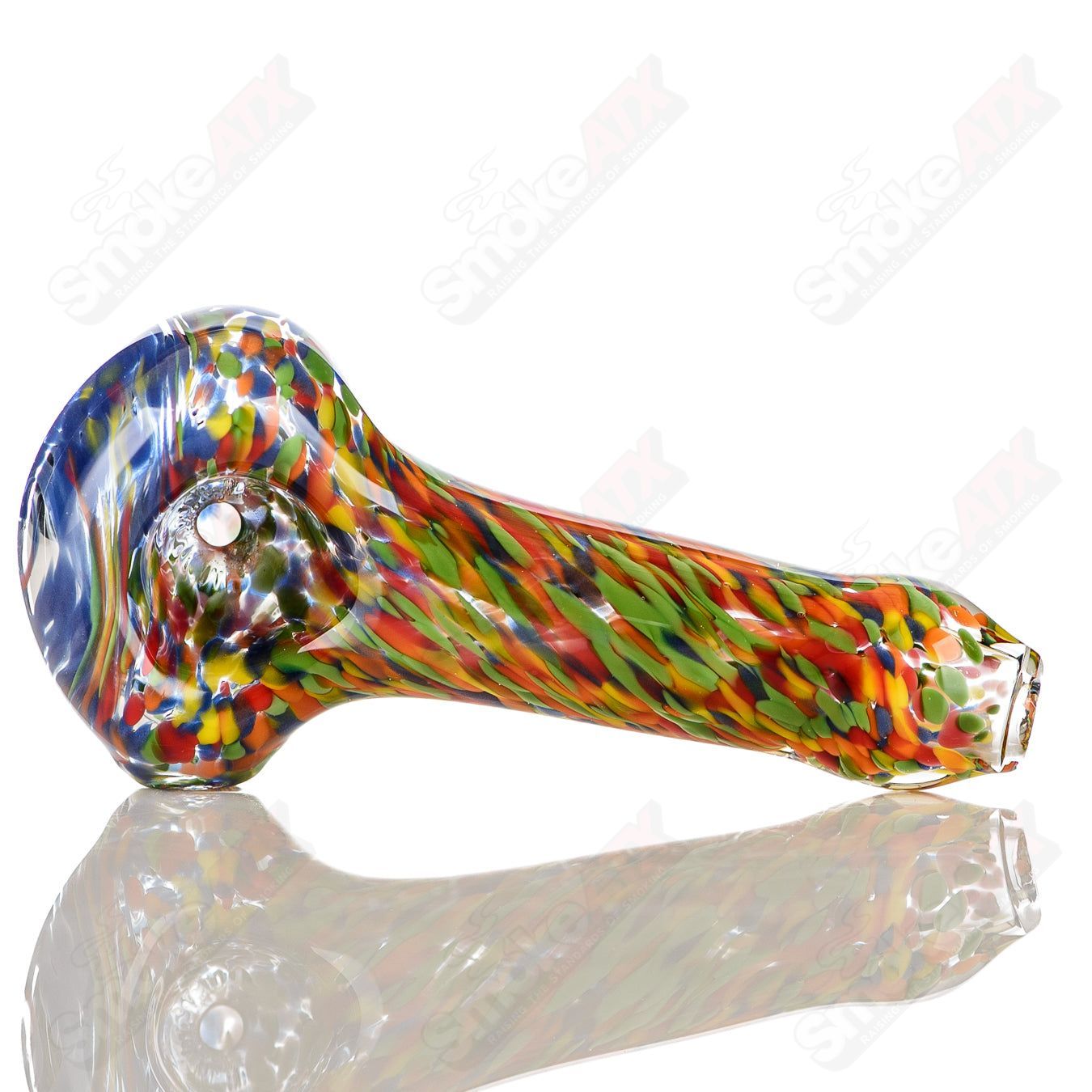 Rainbow Frit Spoon Pipe by JMK Glass featuring colorful glass with signature engraving, designed for smoking use.