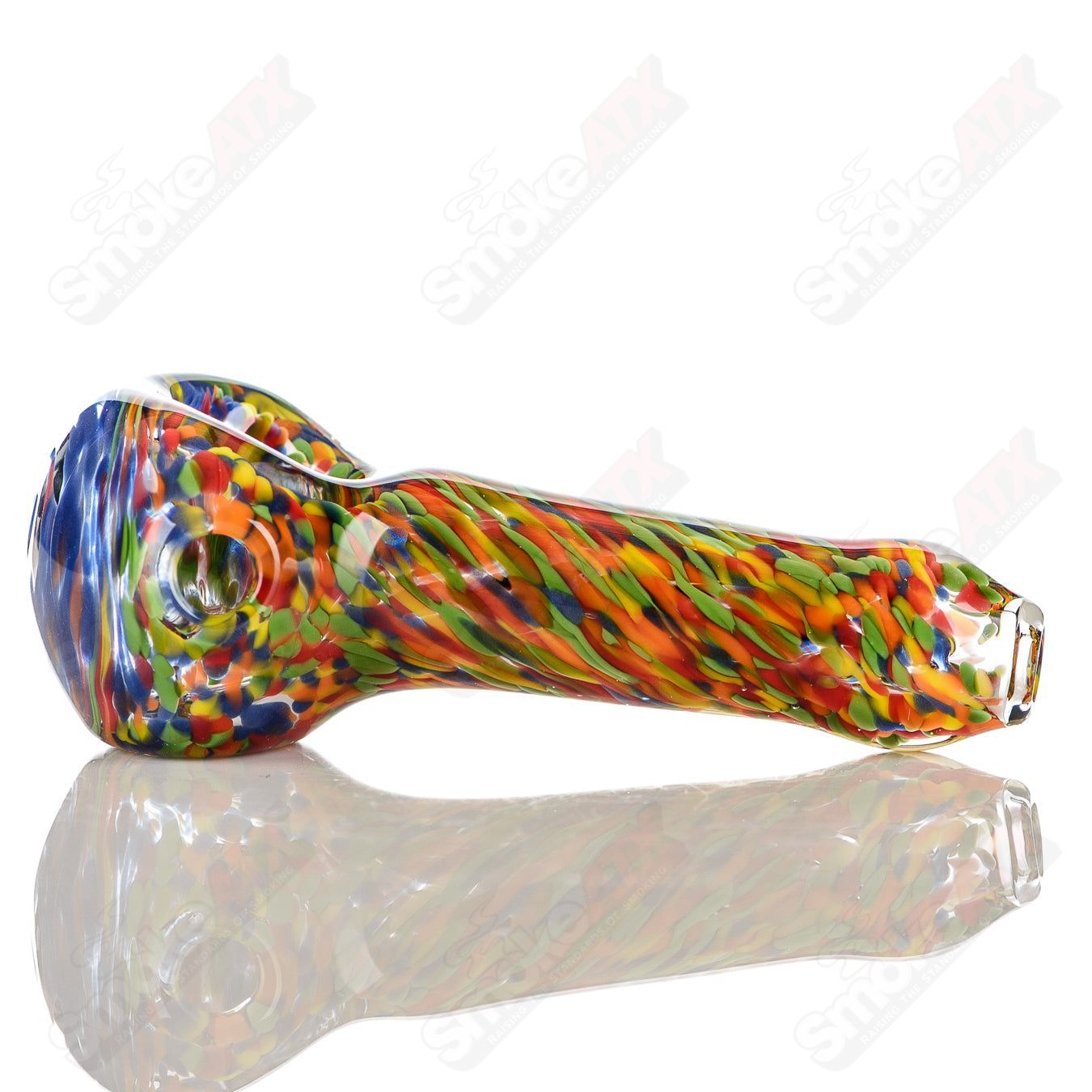 Rainbow Frit Spoon Pipe by JMK Glass, handcrafted glass smoking pipe with vibrant rainbow frit design and signed detail.