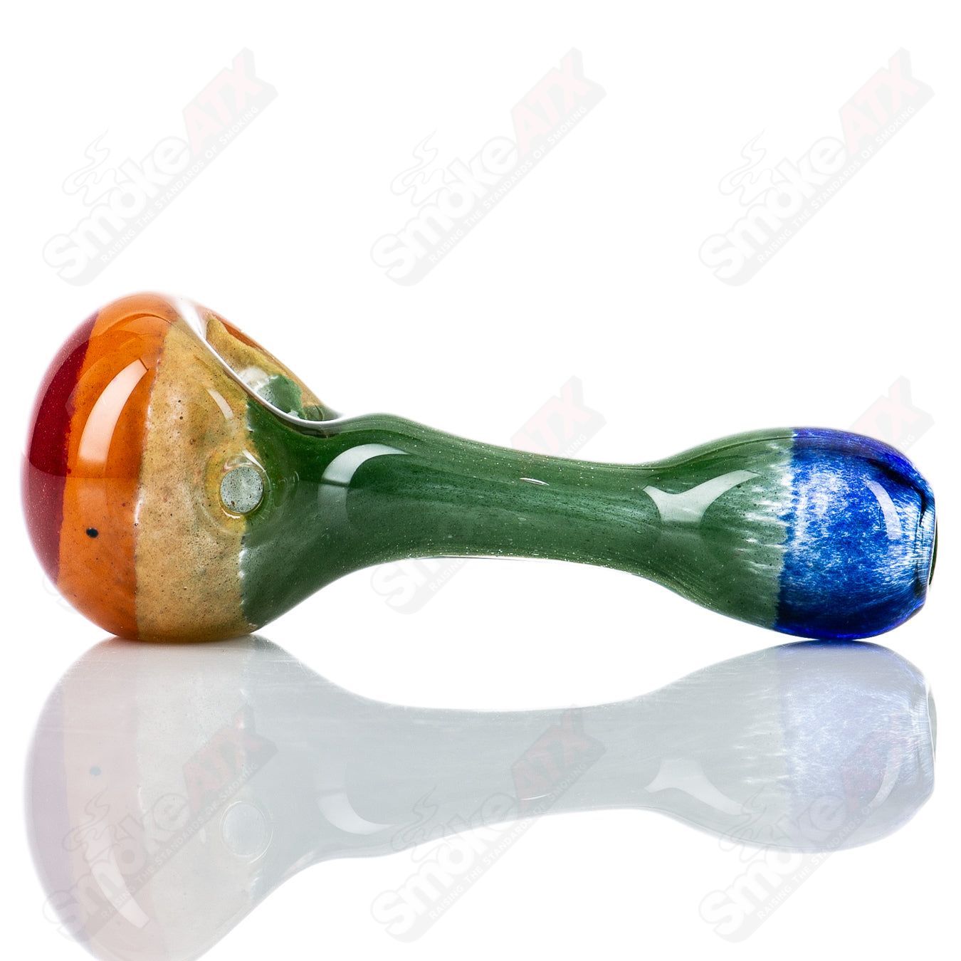 Colorful rainbow glass spoon pipe by Steve Hoffman with vibrant rainbow stripes and smooth glass finish.