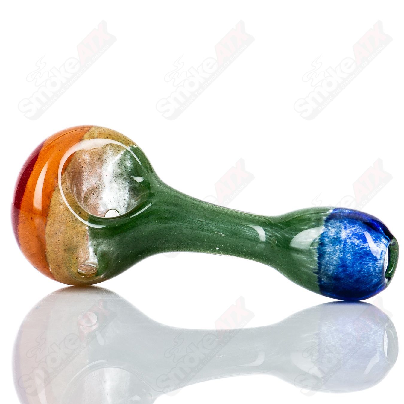 Colorful rainbow glass spoon pipe by Steve Hoffman featuring a smooth, curved design for smoking accessories.