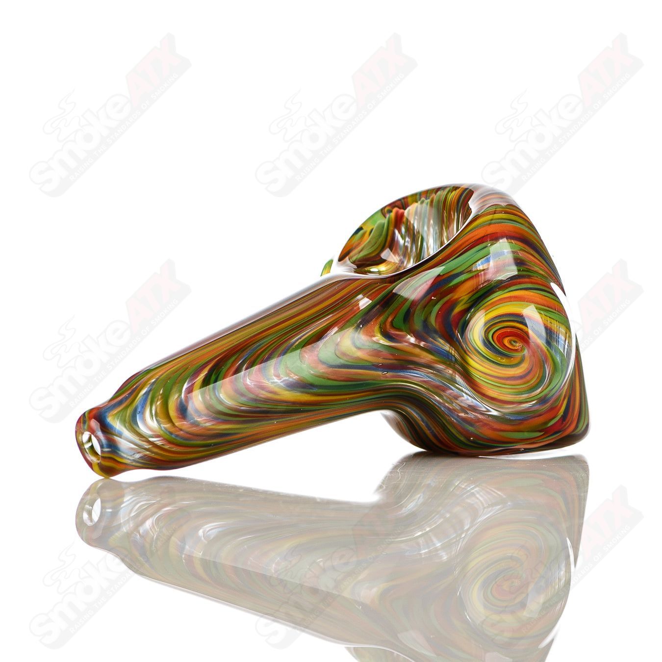 JMK Glass rainbow worked spoon pipe with slyme accent and signed carb opening, handcrafted glass hand pipe.