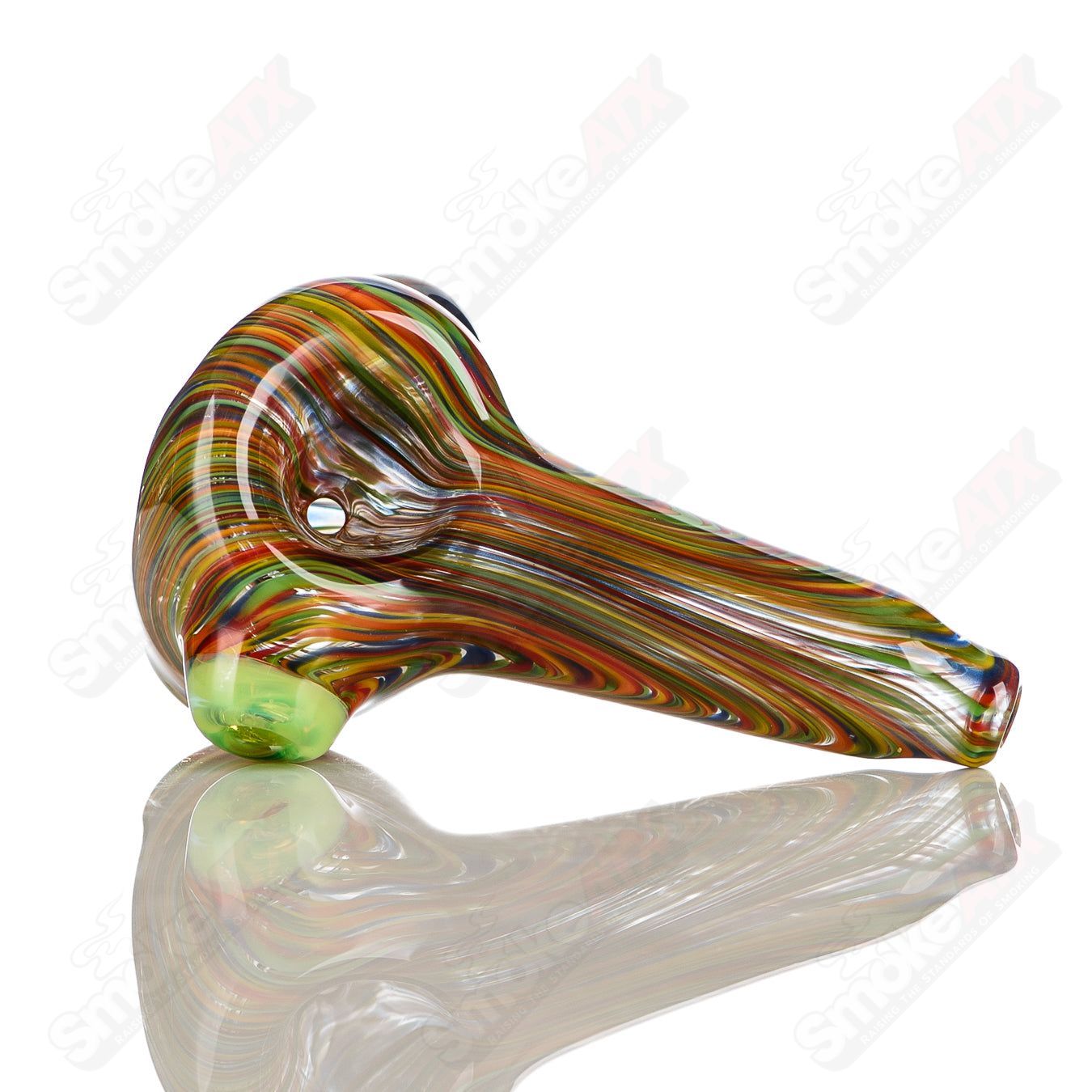 Rainbow worked glass spoon pipe with slyme accent and carb, signed by JMK Glass, featuring vibrant colors and intricate design.