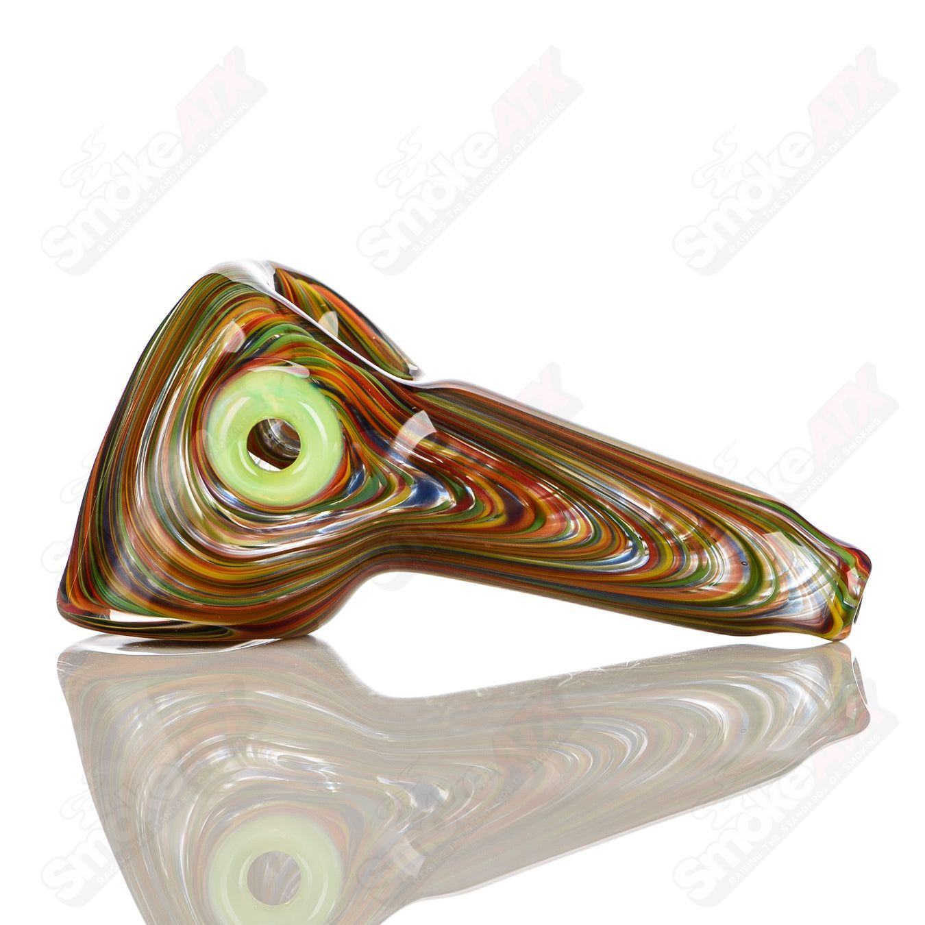 Rainbow worked glass spoon hand pipe with slyme accent and carb, signed by JMK Glass, showcasing colorful craftsmanship.