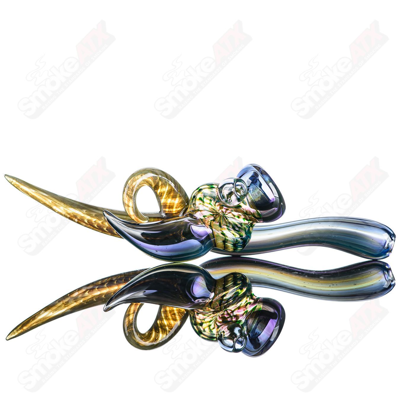 Dosh Glass Raptor Hand Pipe made of heady glass with detailed raptor design, compact and colorful for smoking sessions.