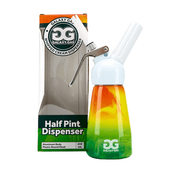 Tall Galaxy Gas Rasta 1/2 pt cream charger dispenser with colorful Rasta design for whipped cream preparation.