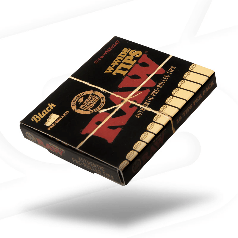 Raw Black Pre-Rolled Wide Tips for cigarettes, 18-count pack of paper rolling tips by RAW, designed for smooth, easy rolling.