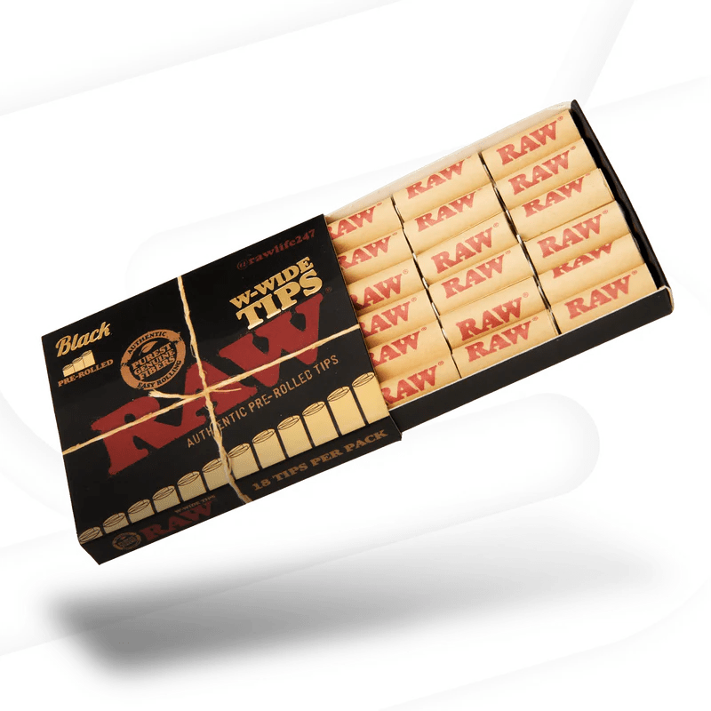 Raw Black Pre-Rolled Wide Tips 18-pack, natural paper rolling tips from RAW for smooth, easy hand-rolled cigarettes.