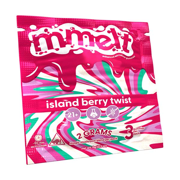 Three mushroom-shaped Island Berry Twist gummies from MMelt, 2g each, in vibrant red and purple colors, on a white background.