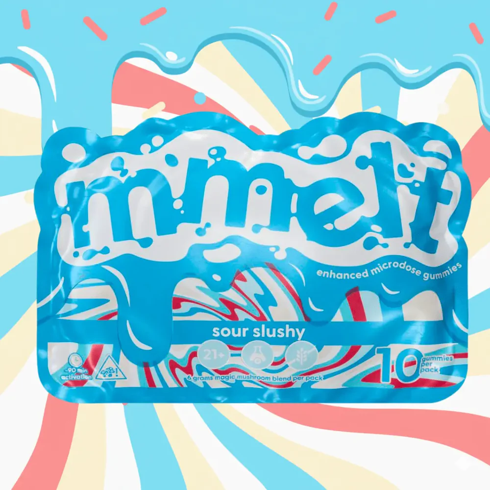10-pack Sour Slushy Mushroom Gummies by MMelt, colorful edible mushroom-shaped candies with a sour flavor.