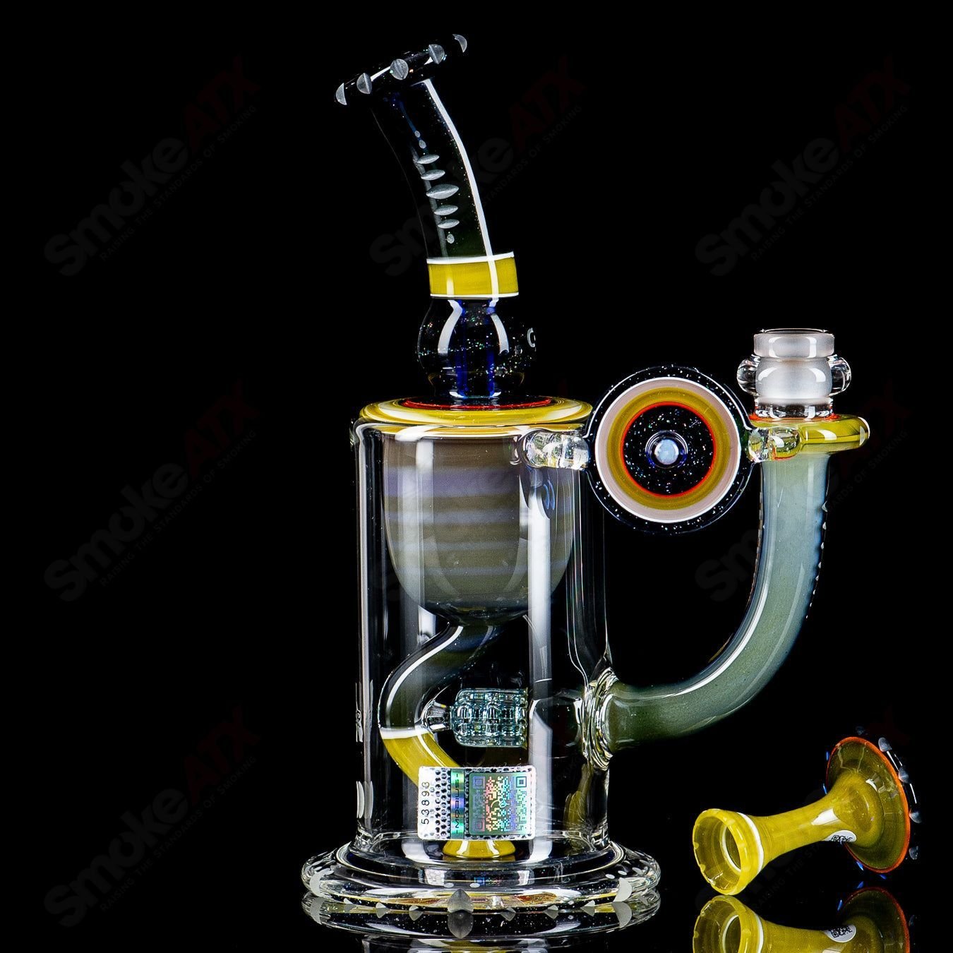Mobius Recurve Circle Solo #6 of 2024 Heady Glass Bubbler with intricate design and clear glass construction.