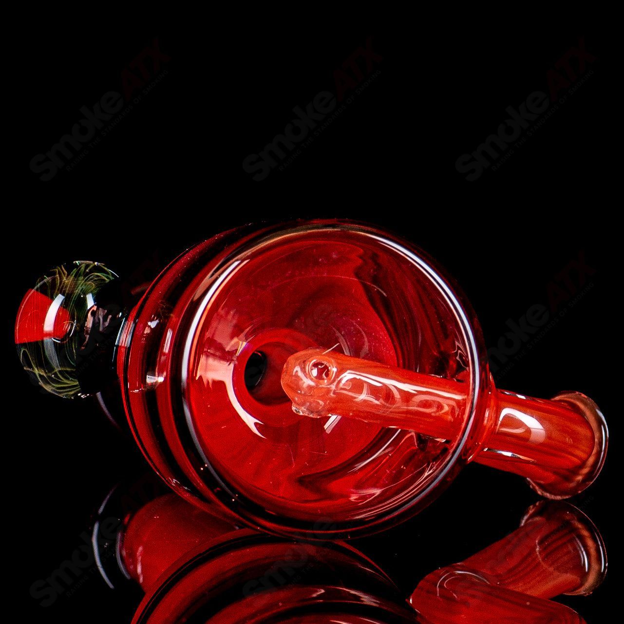 Red Bell Rig with Fume Marble by Kate B, glass concentrate rig featuring vibrant red color and intricate fume marble design.