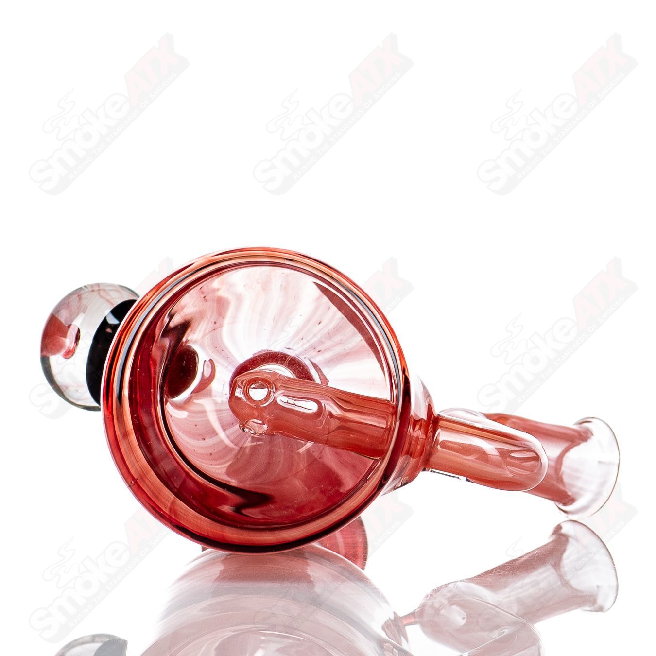 Red Bell Rig with Fume Marble by Kate B Glass, a colorful glass concentrate rig featuring a red bell shape and decorative marble.