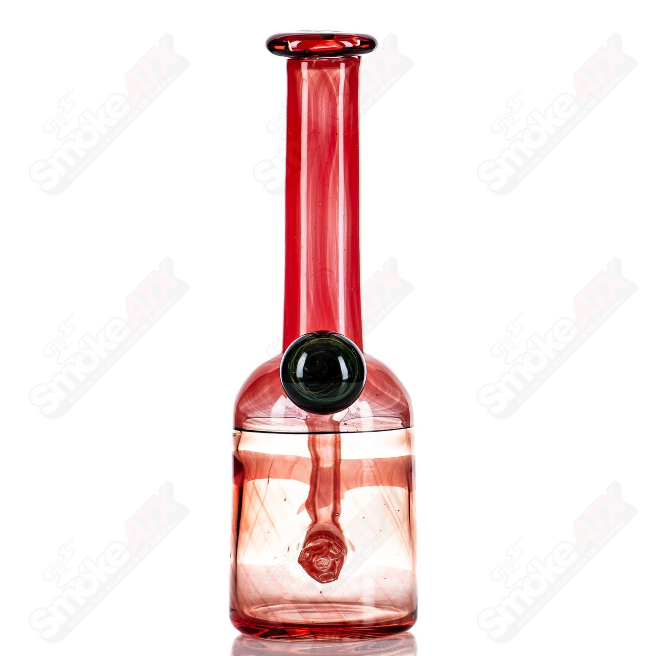 Red Bell Rig with Fume Marble by Kate B, a glass concentrate rig featuring vibrant red color and intricate fume marble details.