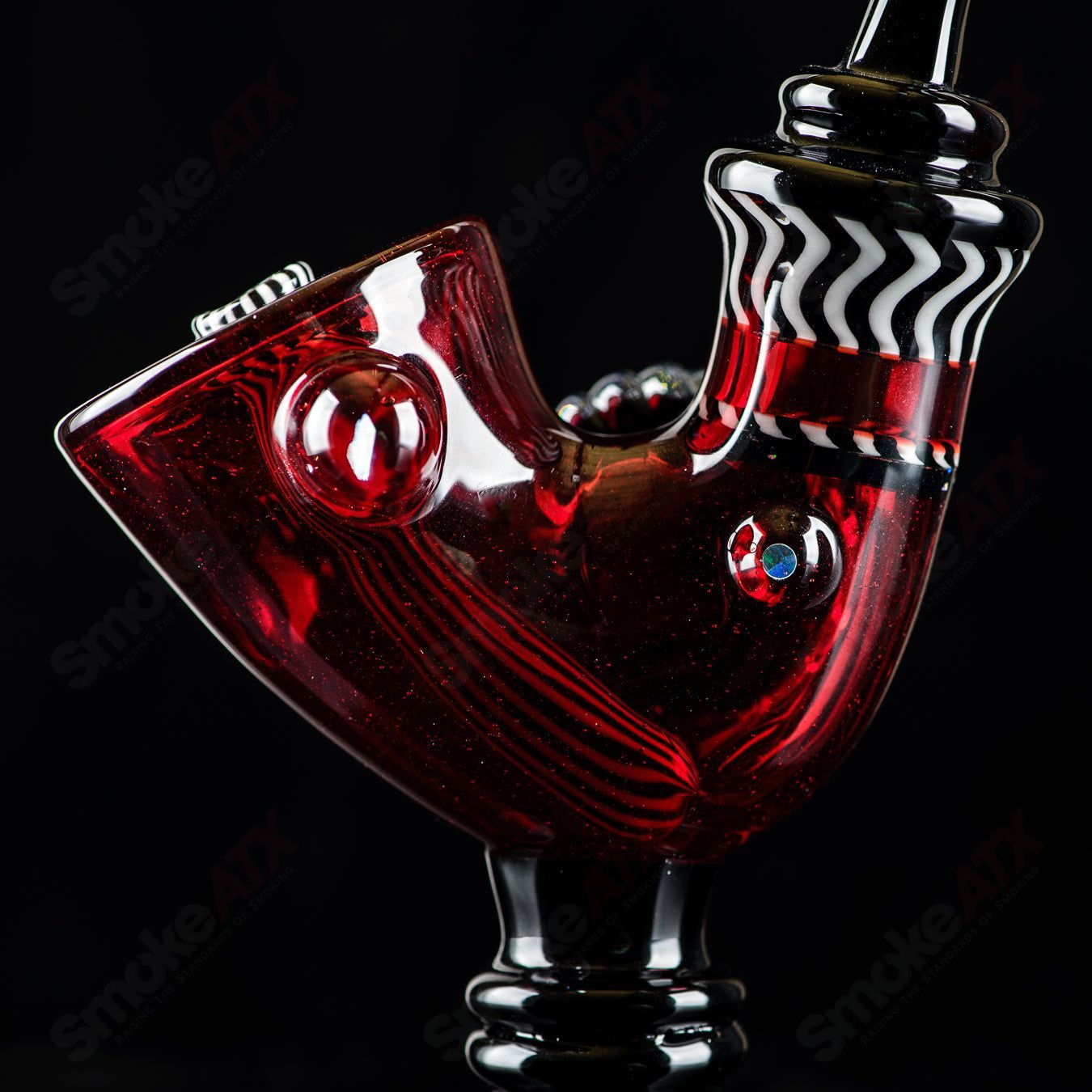 Red Errlock Sherlock Rig with Dichro Disk by JMass, heady glass concentrate rig featuring vibrant red design and intricate details.