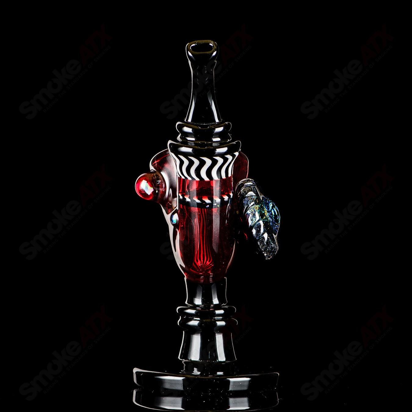 Red Errlock Sherlock rig by JMass, heady glass concentrate rig with a dichro disk design and intricate detailing.