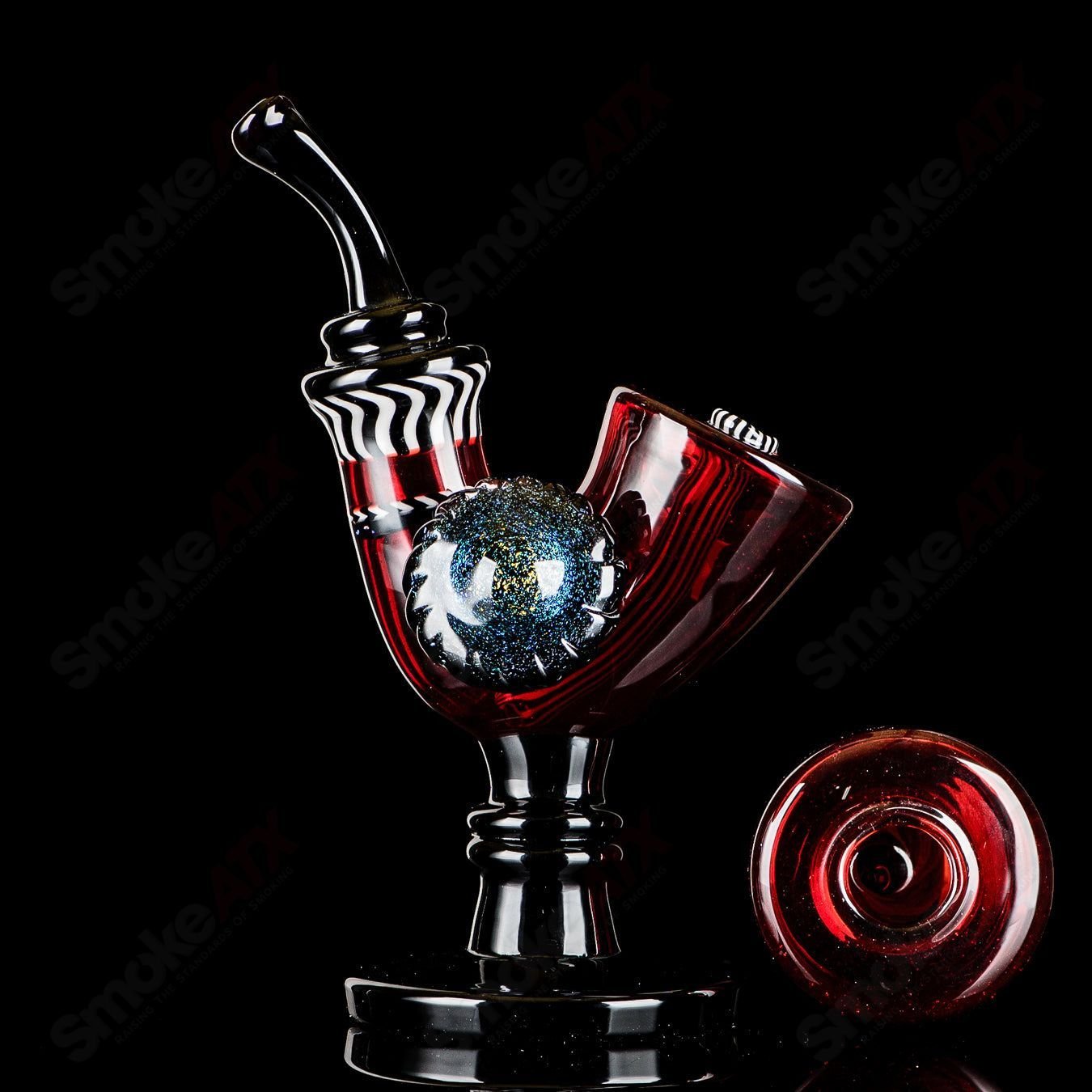 Red Errlock Sherlock concentrate rig with dichro disk by JMass, featuring intricate glass design and vibrant red color.