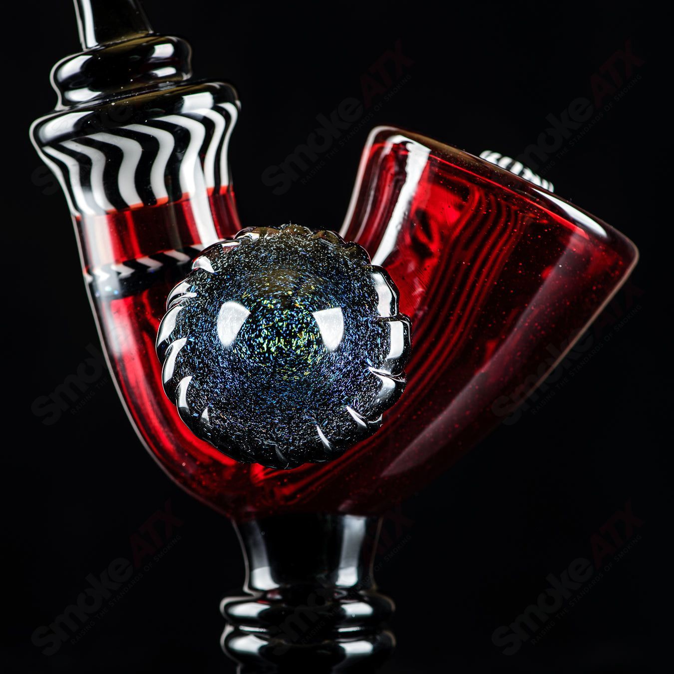 Red Errlock Sherlock concentrate rig with dichro disk by JMass, featuring intricate glass design and vibrant color details.