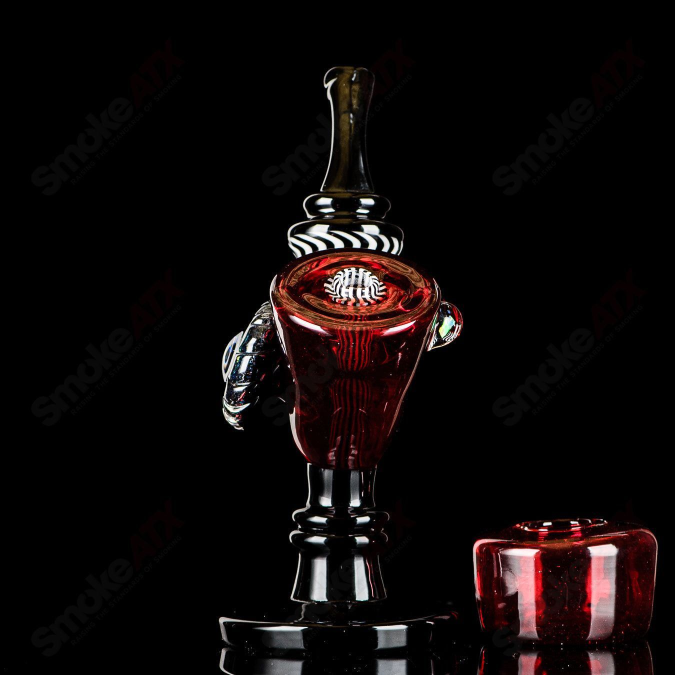 Red Errlock Sherlock rig with dichro disk, heady glass concentrate rig by JMass featuring intricate glasswork.