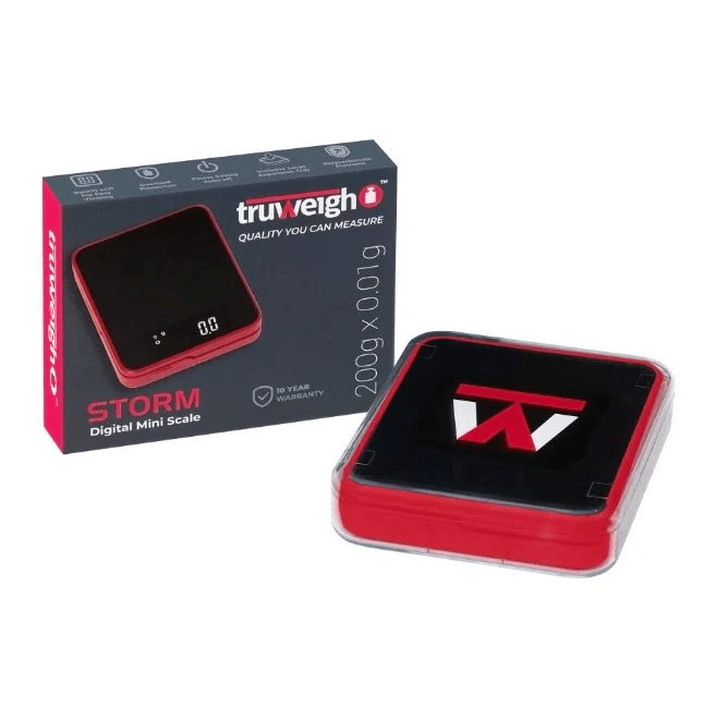 Red Storm .01 Truweigh digital scale showing measurement display and compact design for precise weight readings.