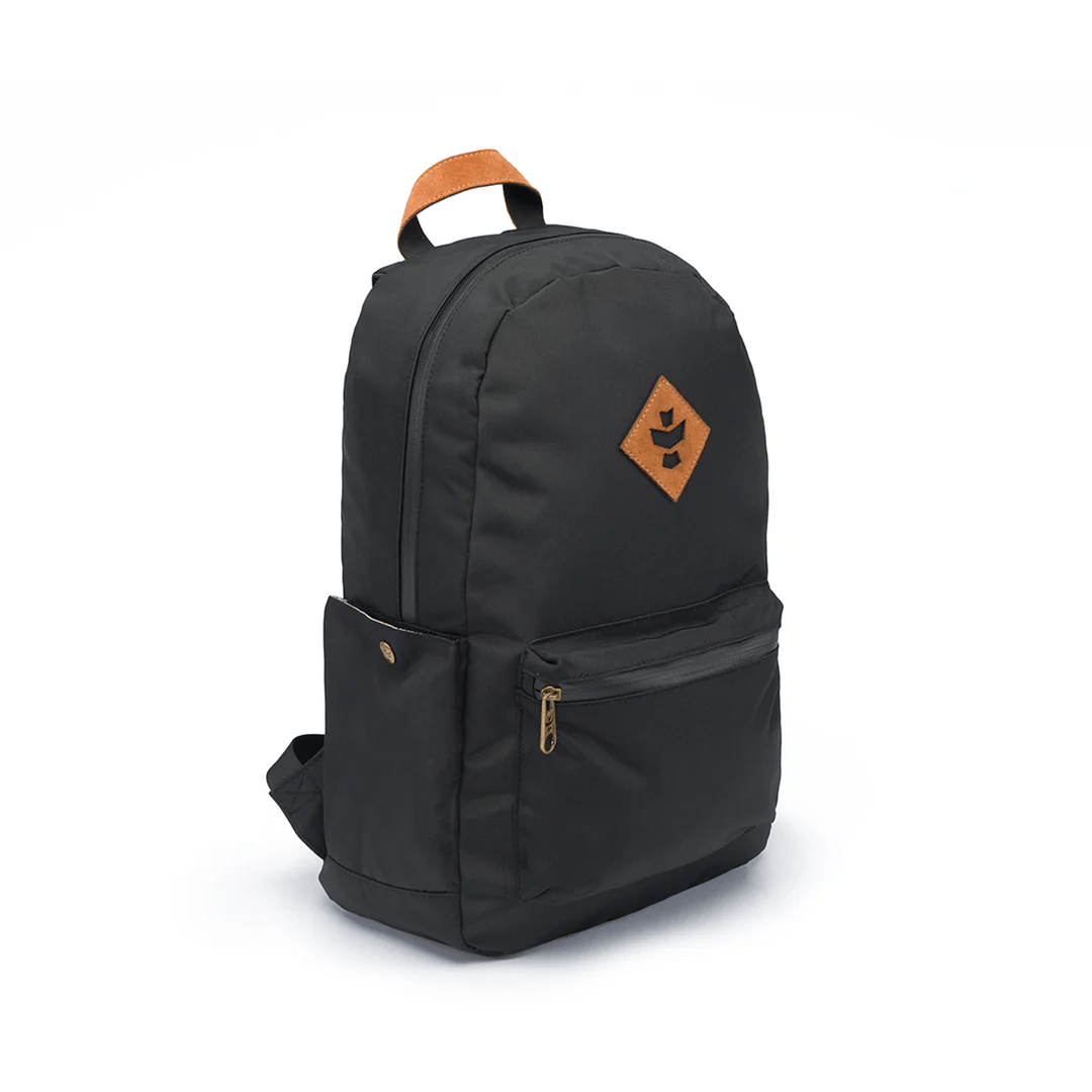 Revelry The Explorer smell proof backpack with multiple compartments, sturdy straps, and a sleek black design for everyday use.
