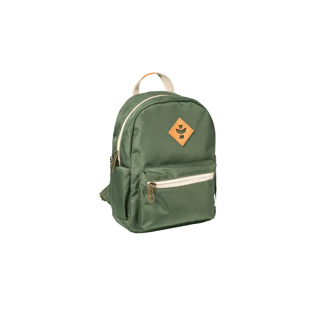 Revelry The Shorty smell-proof mini backpack in black with adjustable straps and compact design for everyday carry.