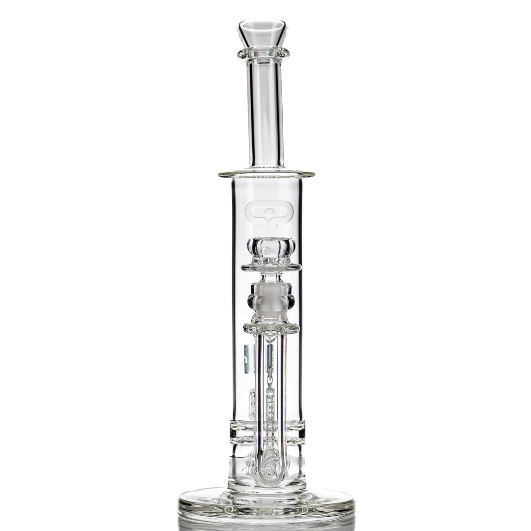 Mobius 50T Stereo Matrix V6 Clear Glass Waterpipe with Mobius logo and intricate water filtration design.