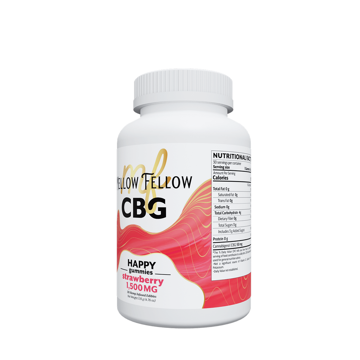 Mellow Fellow Strawberry CBG Hemp Gummies, 1500mg, 30 count, soft and colorful edibles for wellness and relaxation.
