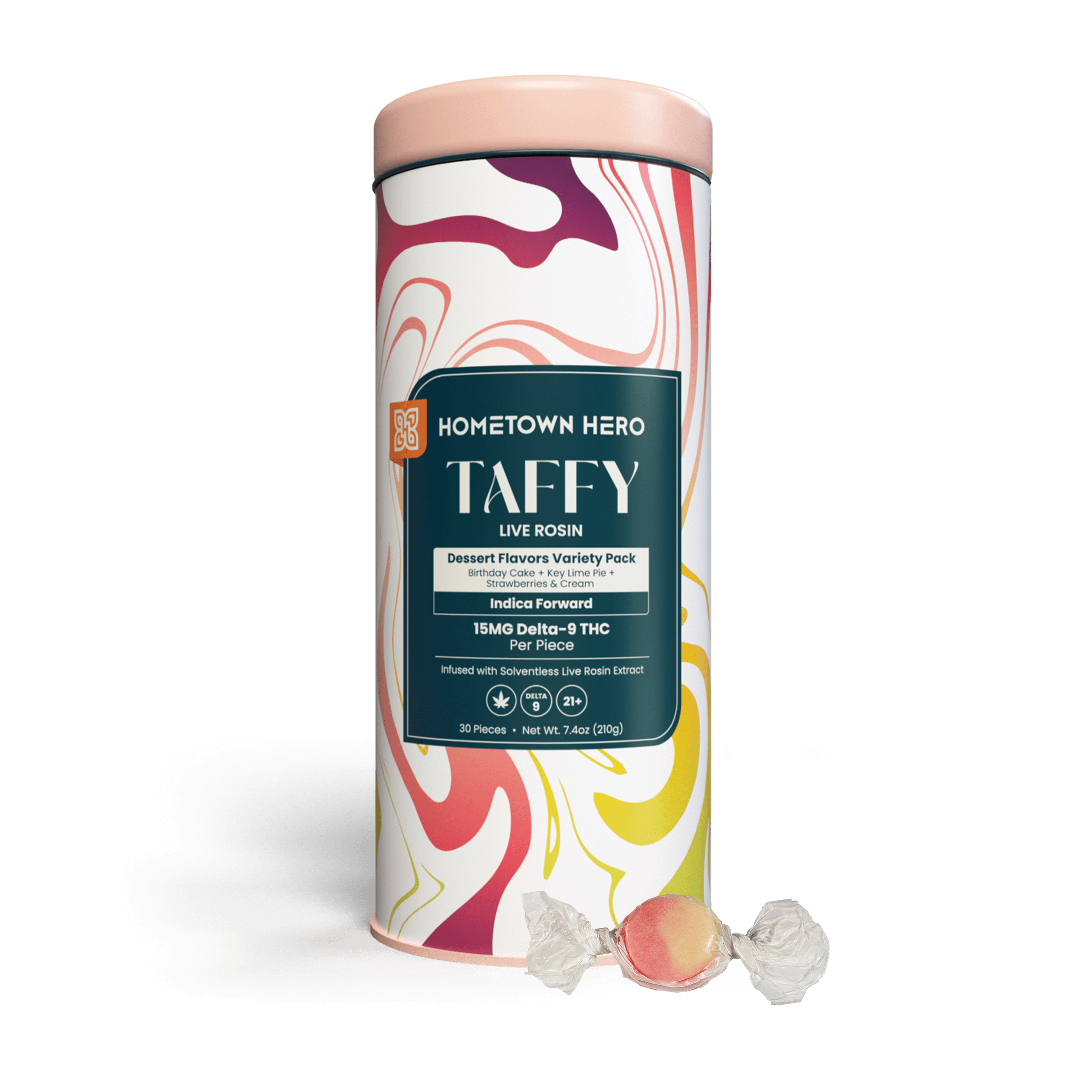 Hometown Hero 450mg mixed indica dessert flavors hemp THC delta-9 live rosin taffy, colorful packaging with assorted candies