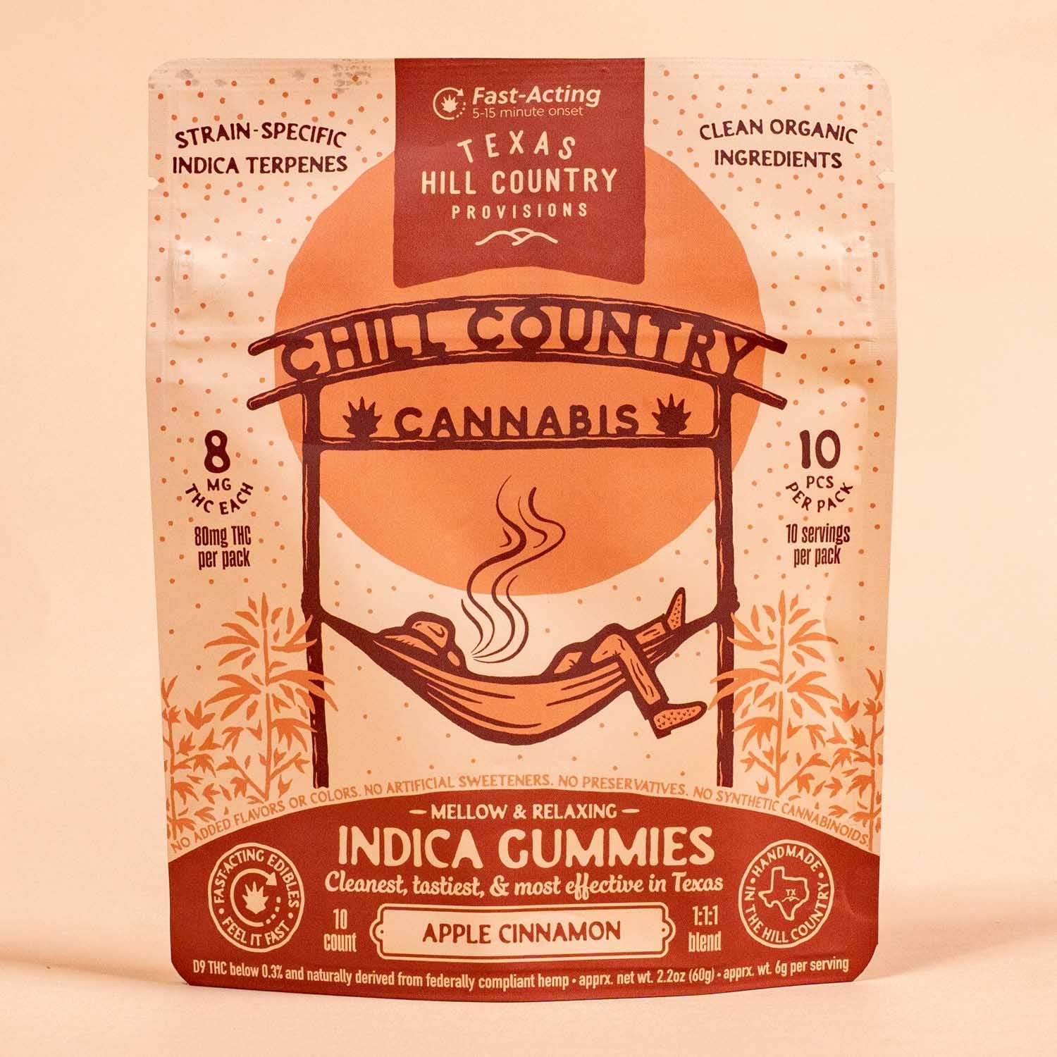 10pk Chill Country Apple Cinnamon THC Gummies, colorful edibles in a package, featuring apple and cinnamon flavors.