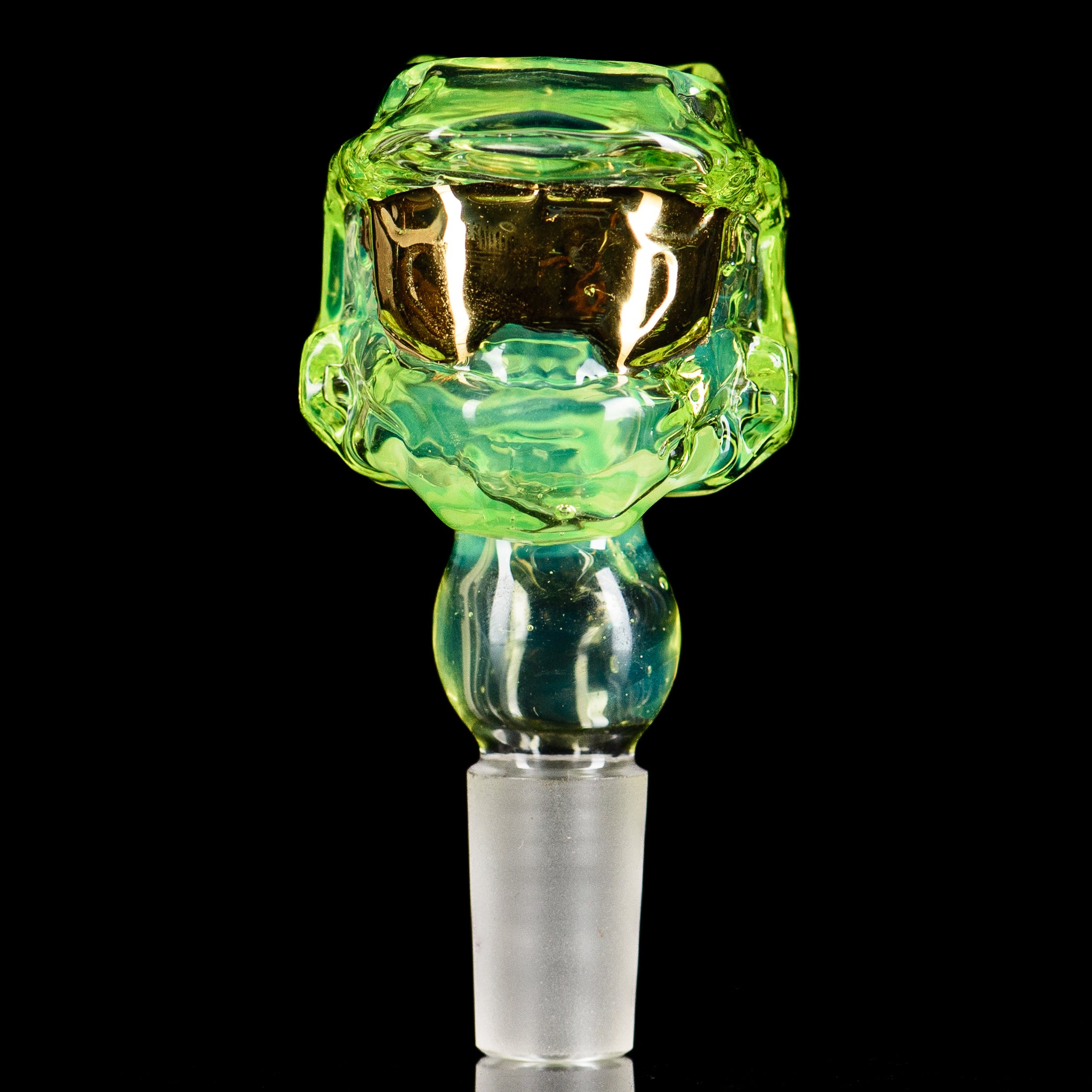 Glass bowl for 14mm Halo Slide by Tony Kazy, Smoke ATX, featuring clear glass with intricate design details.