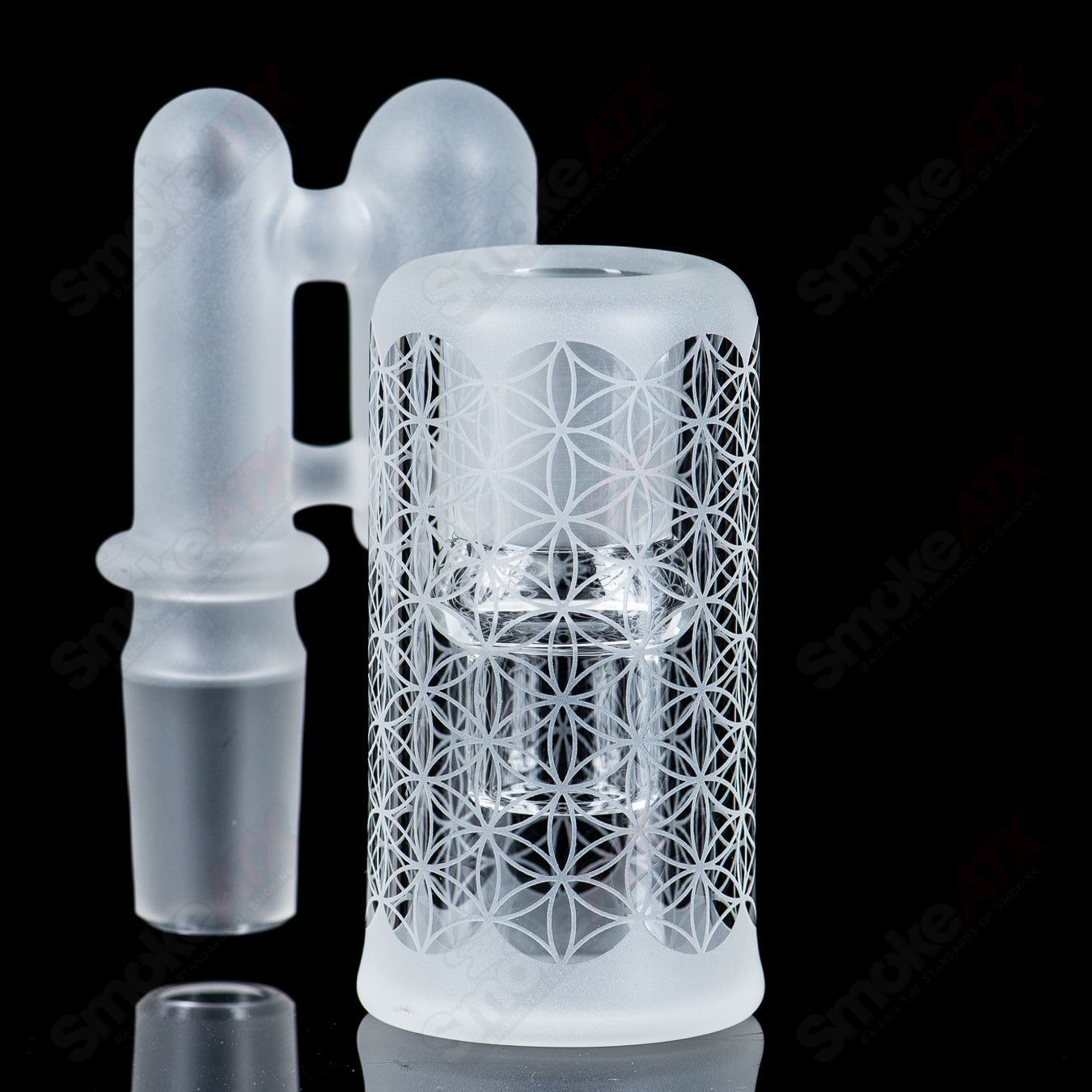 Sacred-G 18mm Dry Catch by SOL Glassworks, heady glass dry catcher with intricate design and clear glass construction.