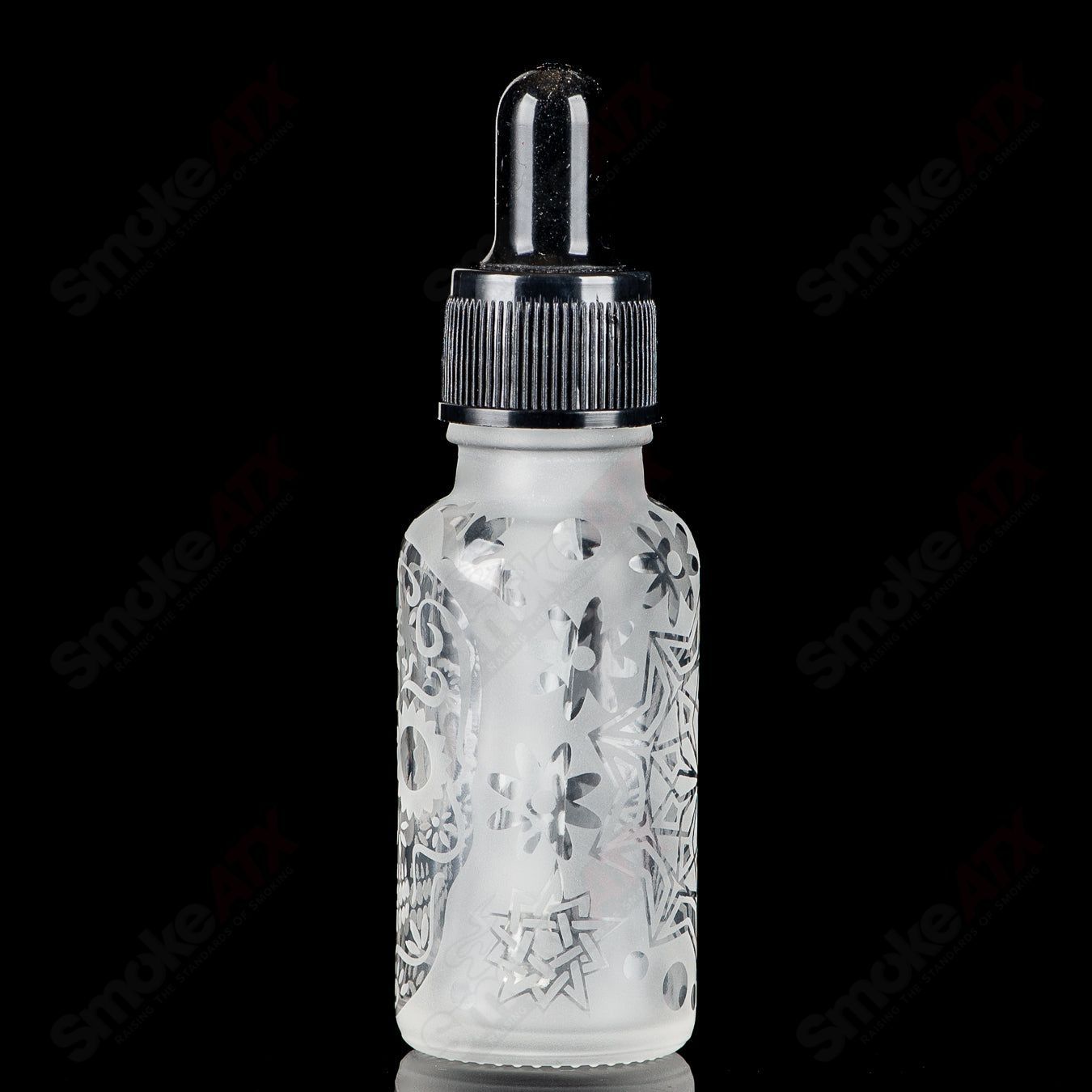 Sandblasted Iso Dropper flask by Fatal Facets, heady glass with intricate design and frosted finish, perfect for storing liquids.