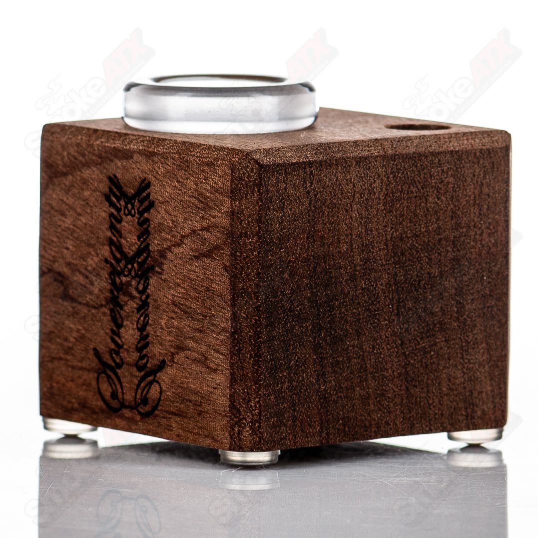 Sovereignty Glass Sapele 1-Hole Slide Stand for Heady Glass pipes, showcasing a sleek wooden design with a secure slide holder.