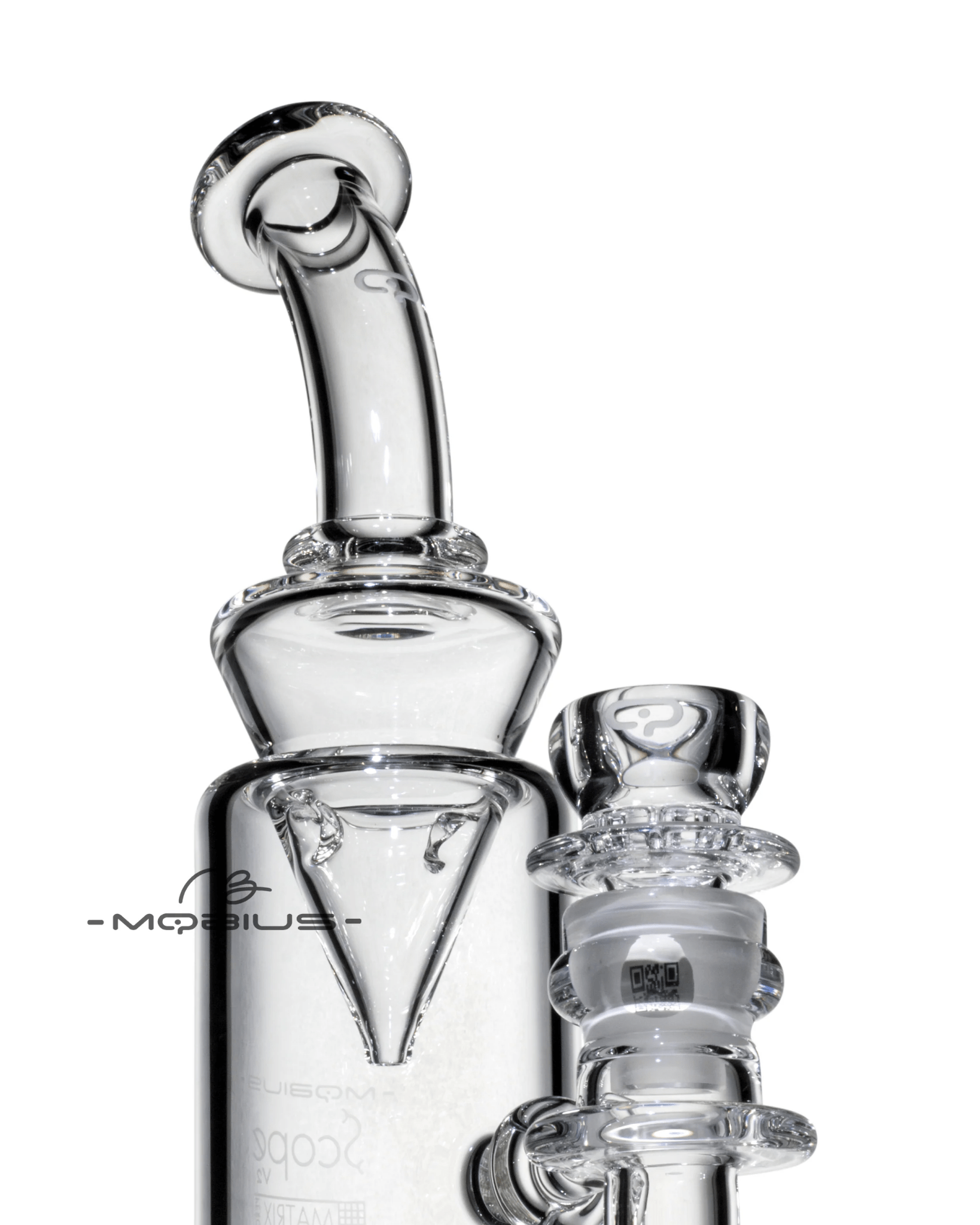 Clear Scope Matrix V2 glass water pipe with Splashtrap Mobius straight tube design, featuring a sleek, transparent construction.