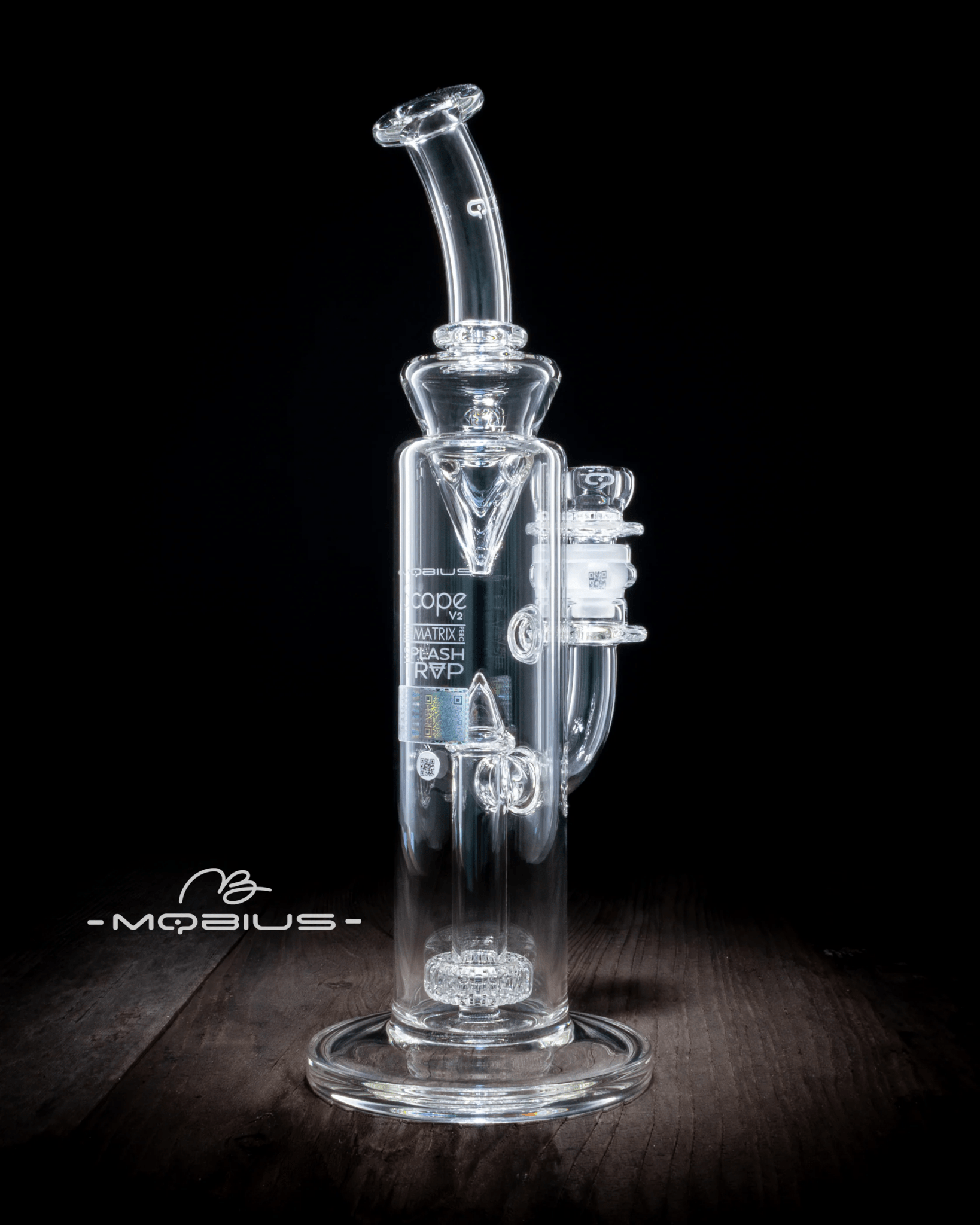 Clear Mobius Scope Matrix V2 glass straight tube with Splashtrap, showcasing intricate glass design and craftsmanship.