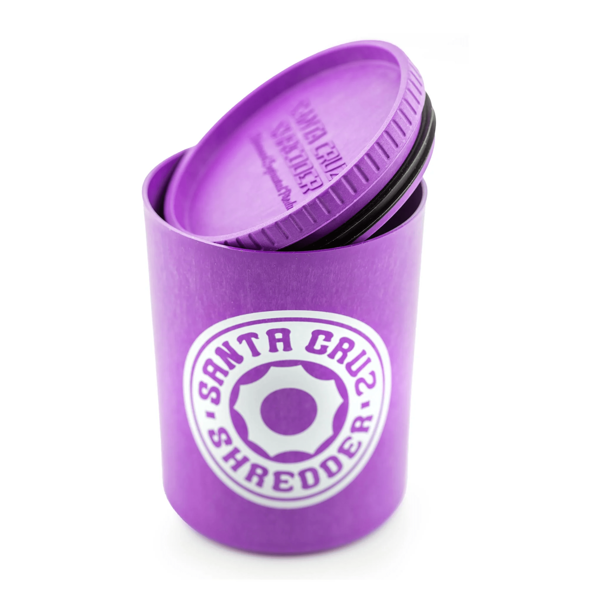 Santa Cruz Shredder hemp stash jar with a clear glass body and black lid, designed for storing herbs securely.