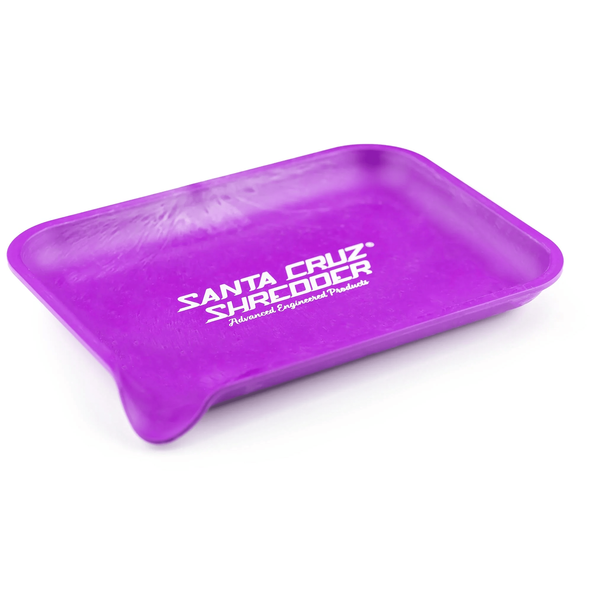 Small hemp rolling tray by Santa Cruz Shredder, featuring a compact grinder design with colorful graphics and textured surface.