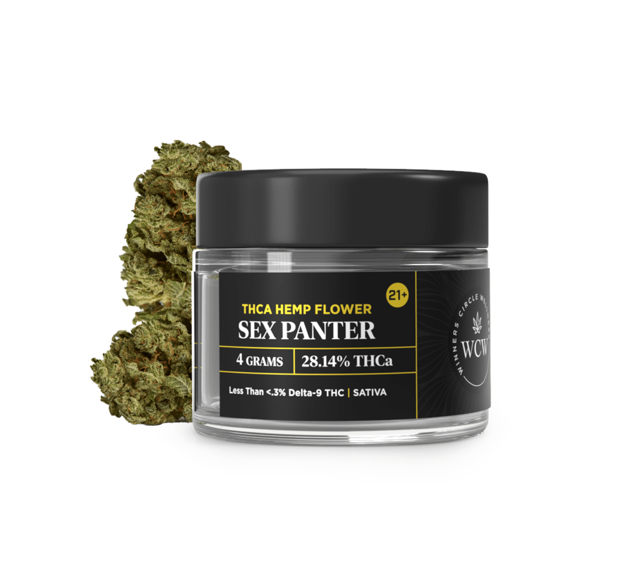 Loose 4g THC hemp flower, Sex Panther Sativa by Winners Circle Wellness, showcasing fresh, green cannabis buds.