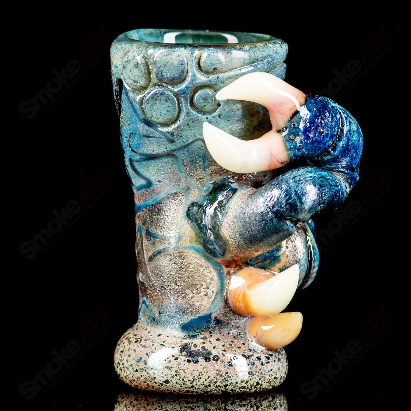 Heady glass shot glass signed 2013 by Salt Glass, featuring intricate design and clear glass construction.