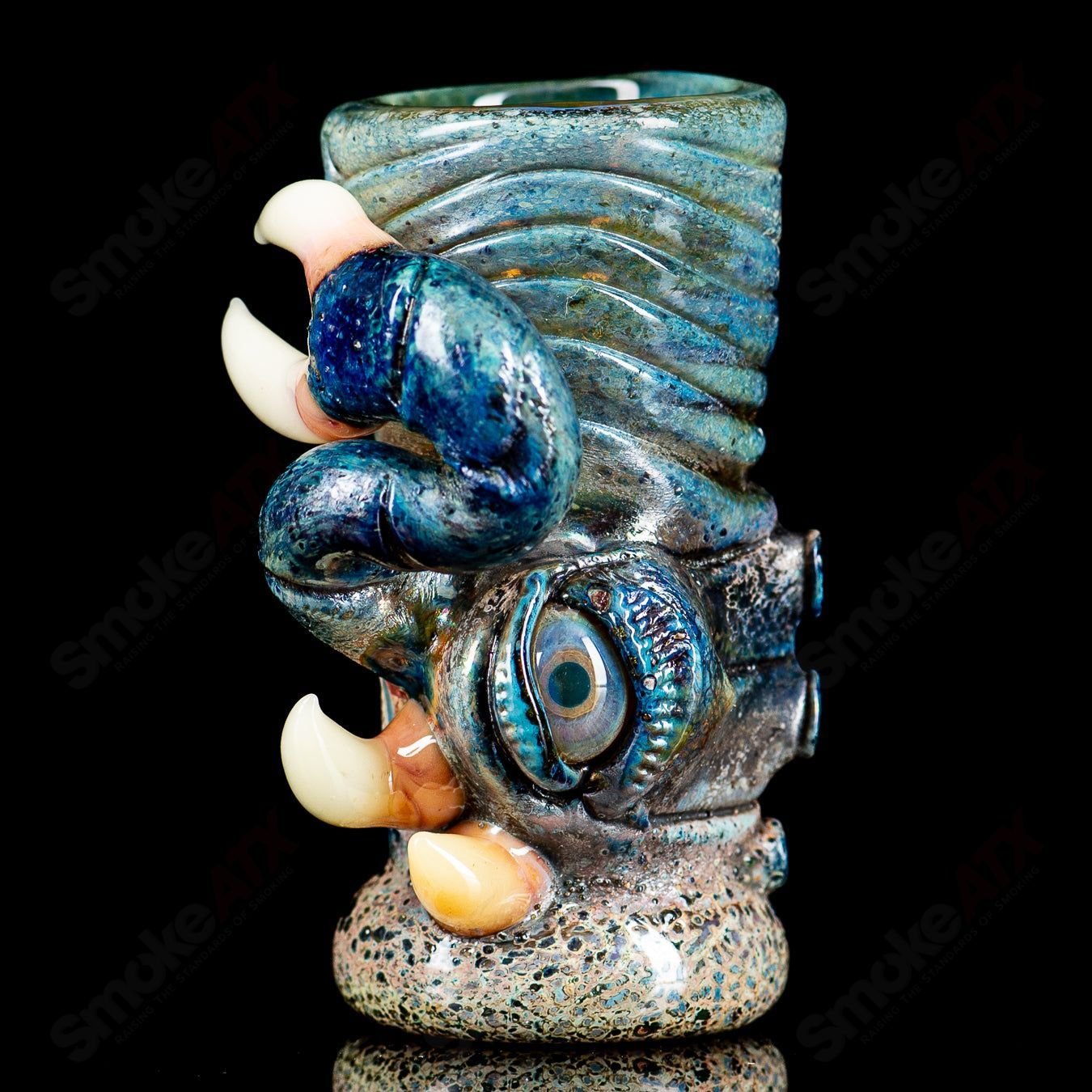 Signed 2013 Salt Glass shot glass, handcrafted heady glass cup with intricate design, featuring artist's signature detail.