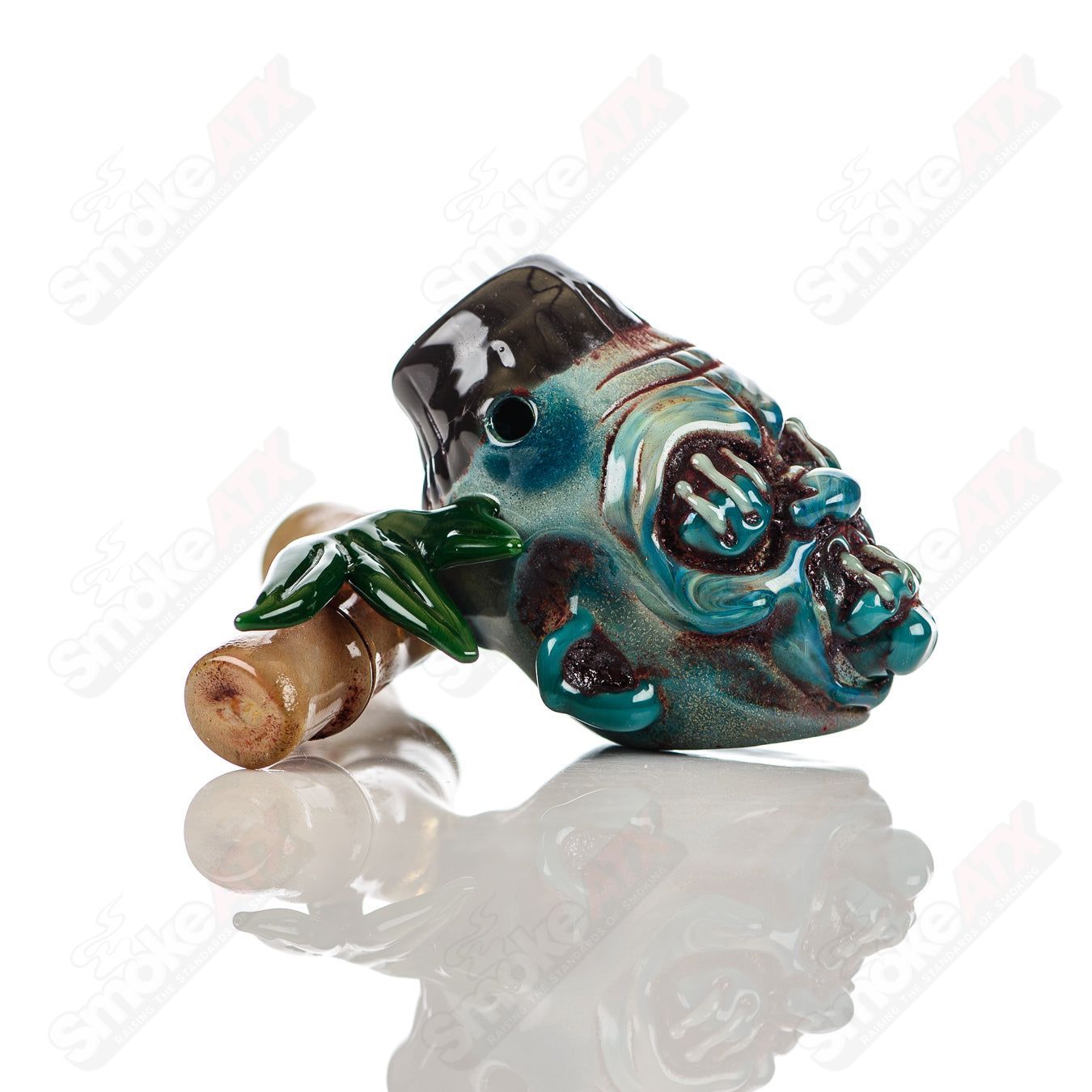 Shrunken Head Sidecar Dry Pipe by Ghost Glass, heady Sherlocks glass piece with detailed shrunken head design for dry smoking.