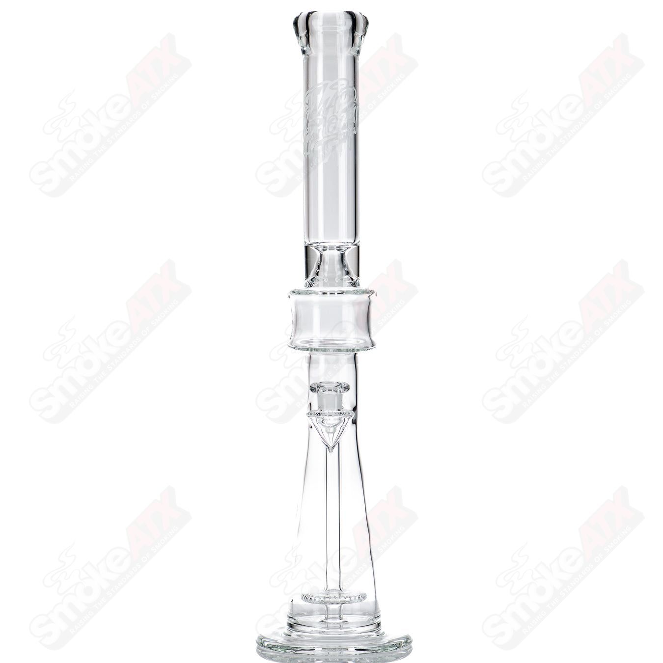 Clear glass single perc tube by Mad Rob, straight shape with a smooth mouthpiece and percolator for filtration.