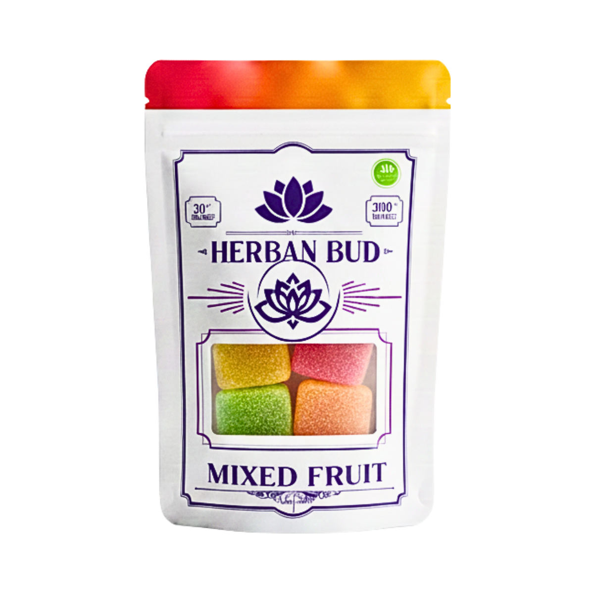 Assorted fruit-flavored D9 hemp gummies in a 10-count container by Herban Bud, showcasing colorful edible candies.