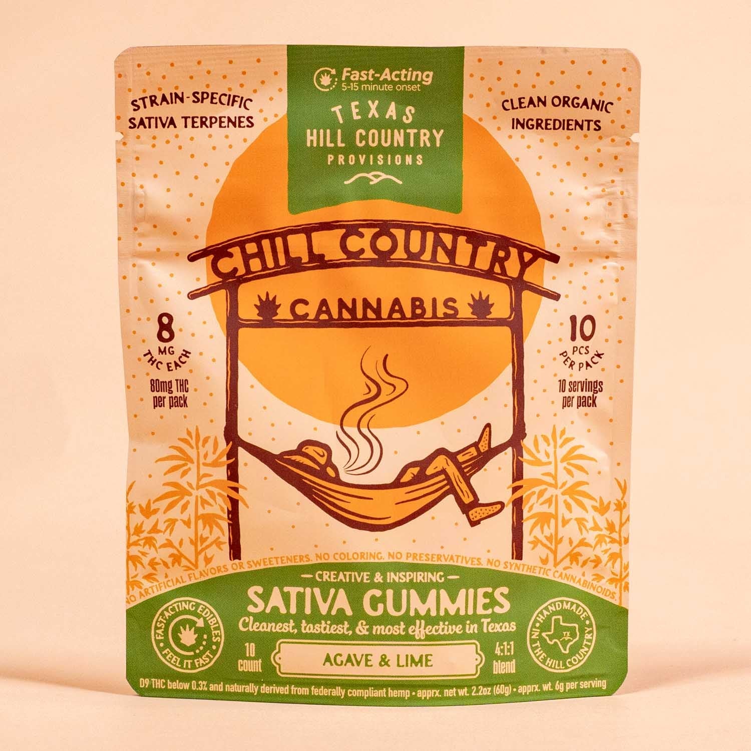 10-pack Chill Country Agave & Lime THC gummies, hemp edibles with sativa effects, featuring vibrant, colorful packaging.